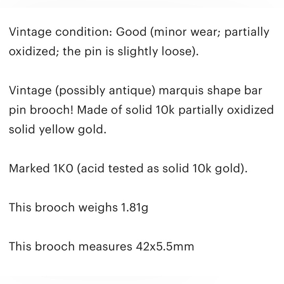 10K antique marquis bar pin yellow gold Edwardian art nouveau style broo… - Picture 10 of 10